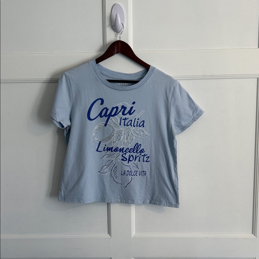 Capri Italia Limoncello Spritz Light Blue Short Sleeve Tee with beading.